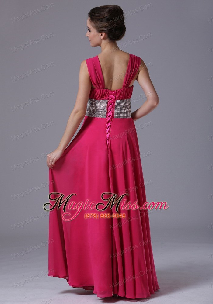 wholesale beaded decorate waist hot pink straps column prom dress ruched lace-up