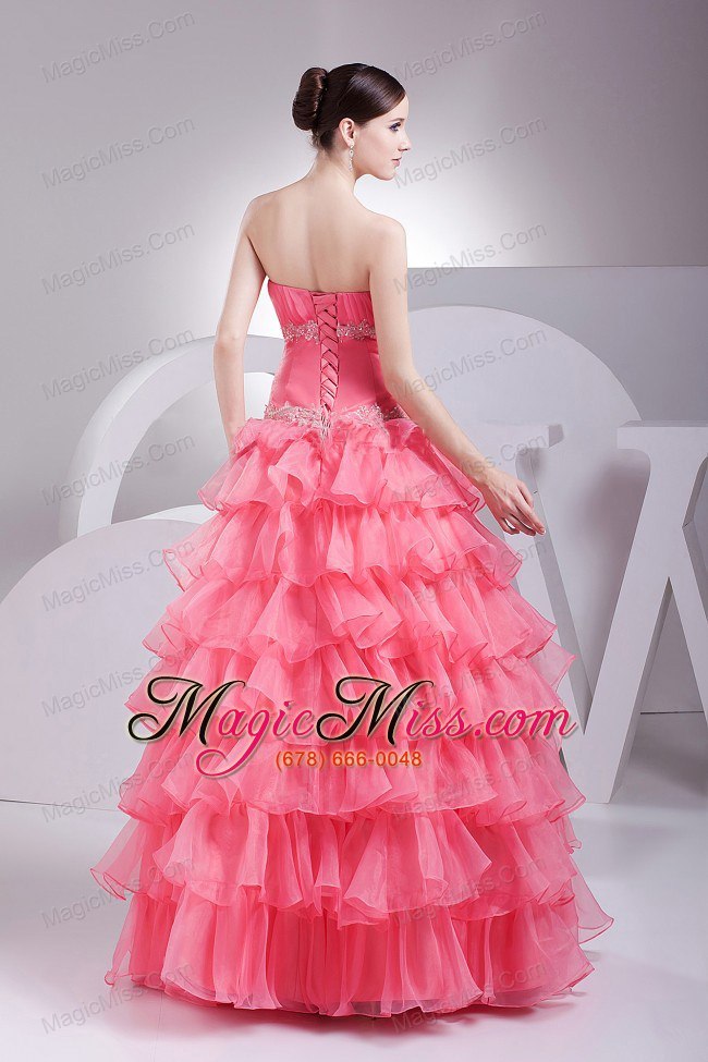 wholesale appliques and ruching decorate bodice ruffled layers watermelon red 2013 prom dress