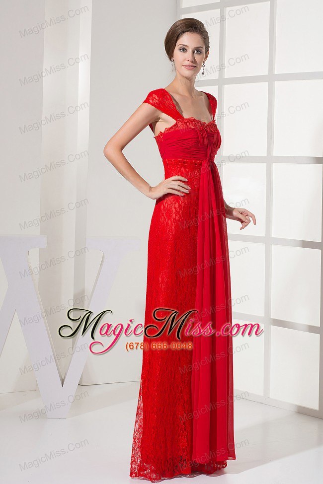 wholesale square red prom dress with lace over skirt and cap sleeves