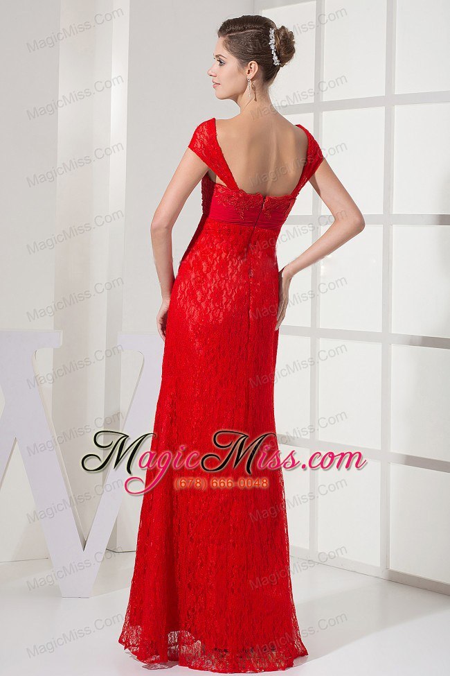 wholesale square red prom dress with lace over skirt and cap sleeves