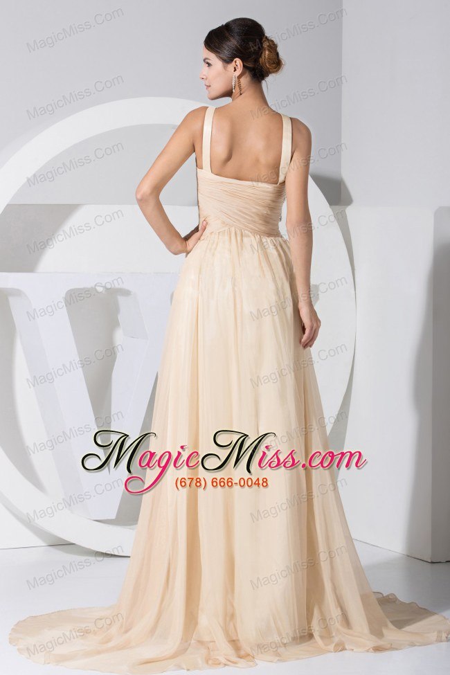 wholesale asymmetrical beading decorate bodice champagne chiffon brush train prom dress for 2013