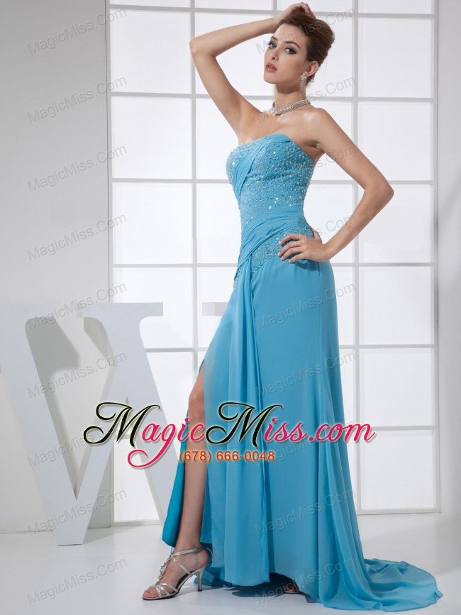 wholesale high slit beading strapless brush train blue chiffon 2013 prom dress