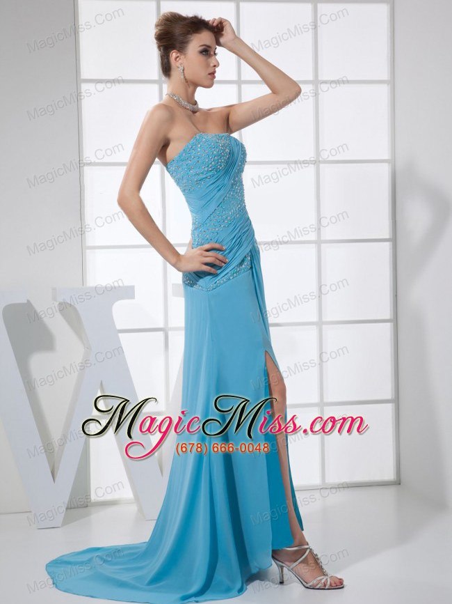 wholesale high slit beading strapless brush train blue chiffon 2013 prom dress