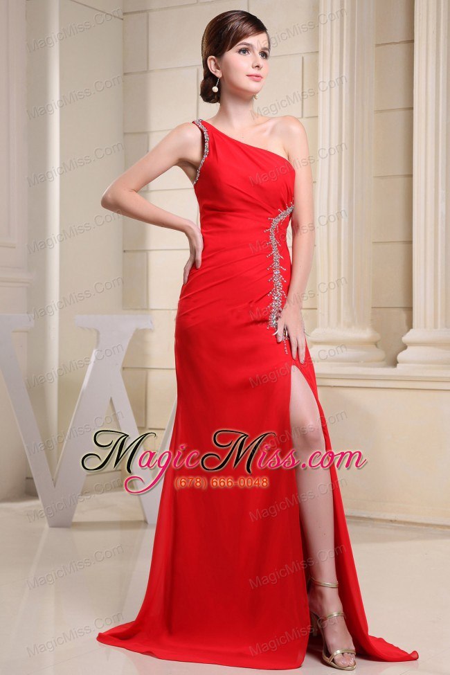 wholesale red high slit and one shoulder for prom dress with beading