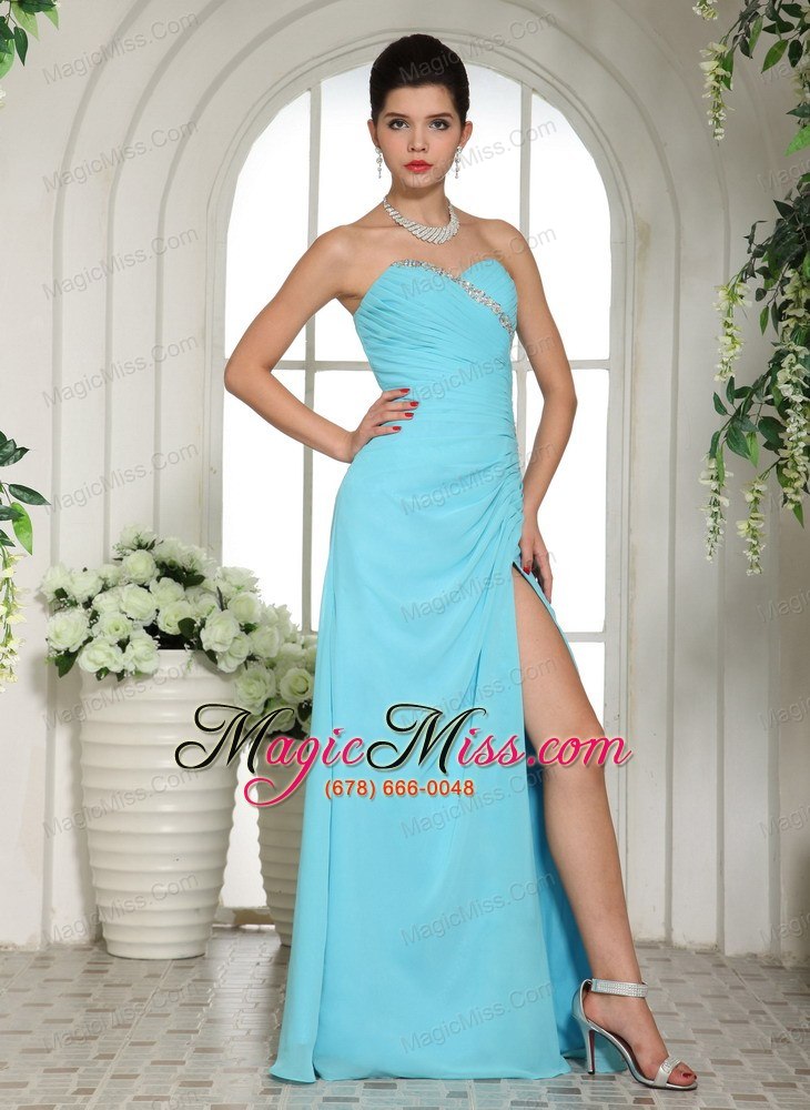 wholesale aqua blue high slit sweetheart beaded ruch 2013 prom dress for formal evening