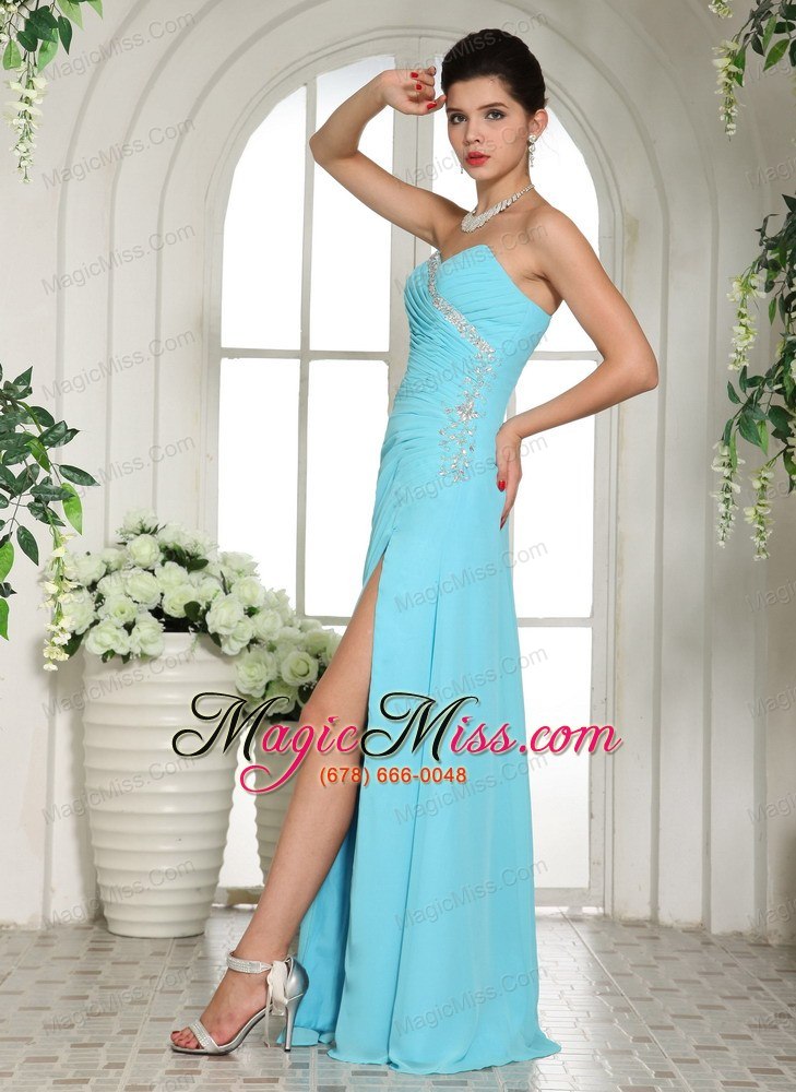 wholesale aqua blue high slit sweetheart beaded ruch 2013 prom dress for formal evening