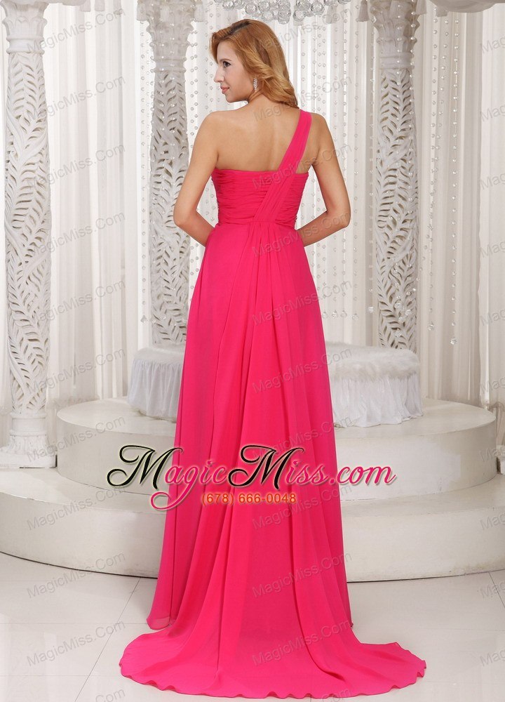 wholesale hot pink one shoulder ruched bodice customize prom dress with beading chiffon watteau train