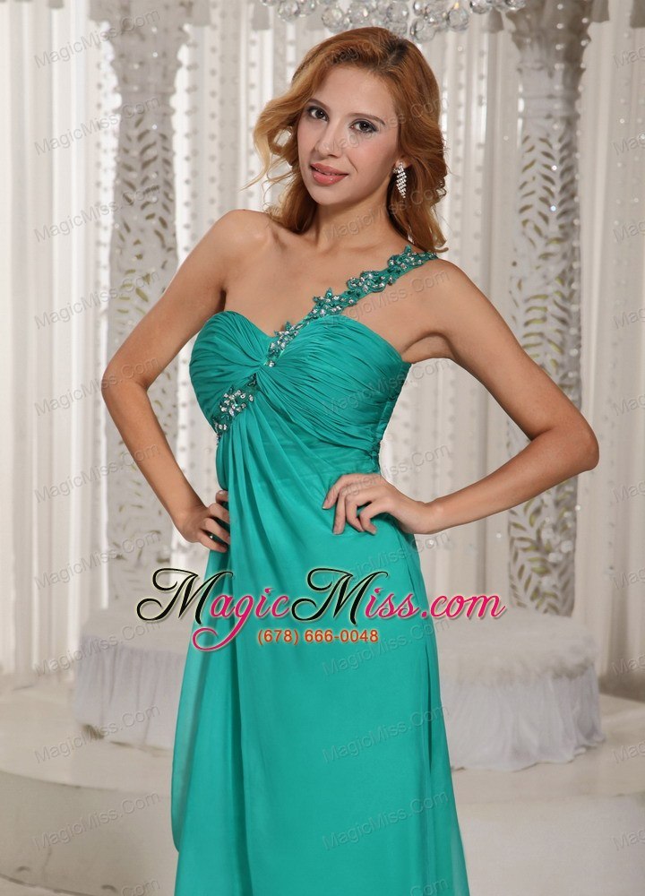 wholesale turquoise one shoulder high slit ruched prom graduation dress with beading in new york