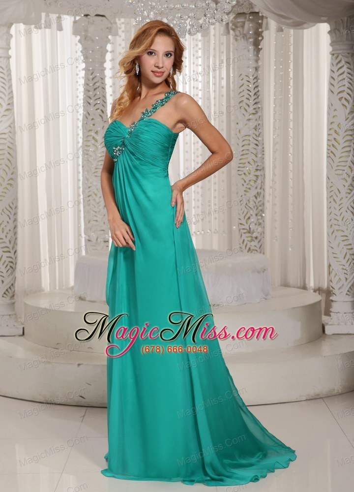 wholesale turquoise one shoulder high slit ruched prom graduation dress with beading in new york