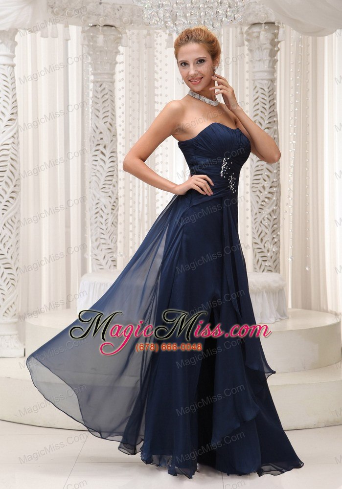wholesale modest strapless navy blue chiffon for prom / evening dress beaded decorate waist