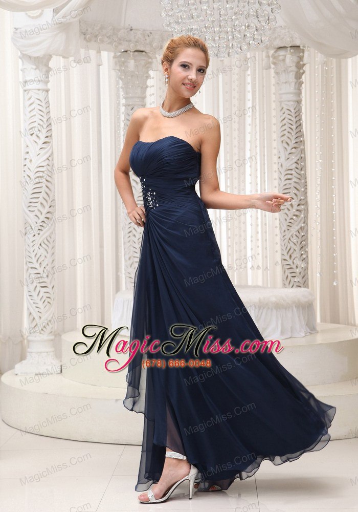 wholesale modest strapless navy blue chiffon for prom / evening dress beaded decorate waist