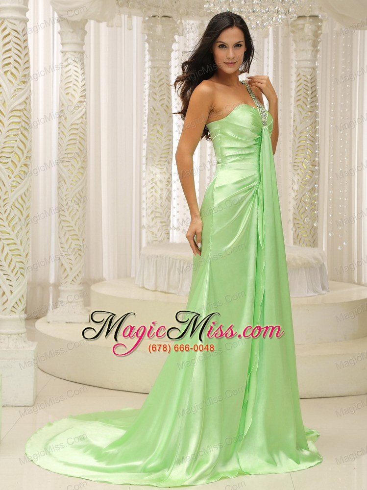 wholesale beaded decorate one shoulder ruched bodice for yellow green 2013 prom dress