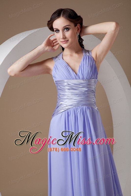 wholesale lilac empire v-neck brush train chiffon ruch prom / evening dress