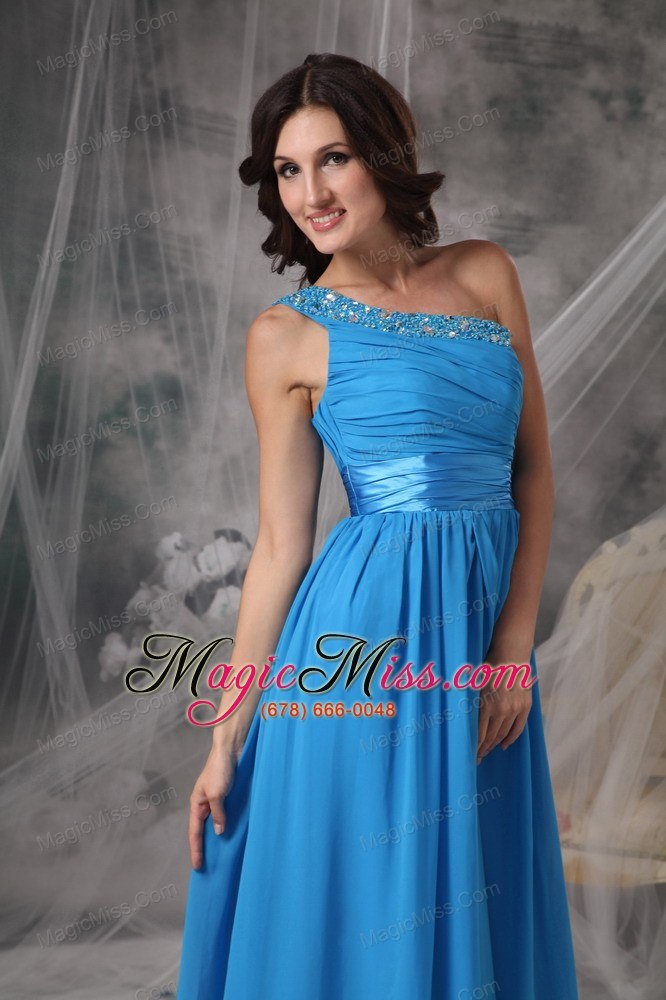 wholesale sky blue column / sheath one shoulder floor-length chiffon beading prom dress