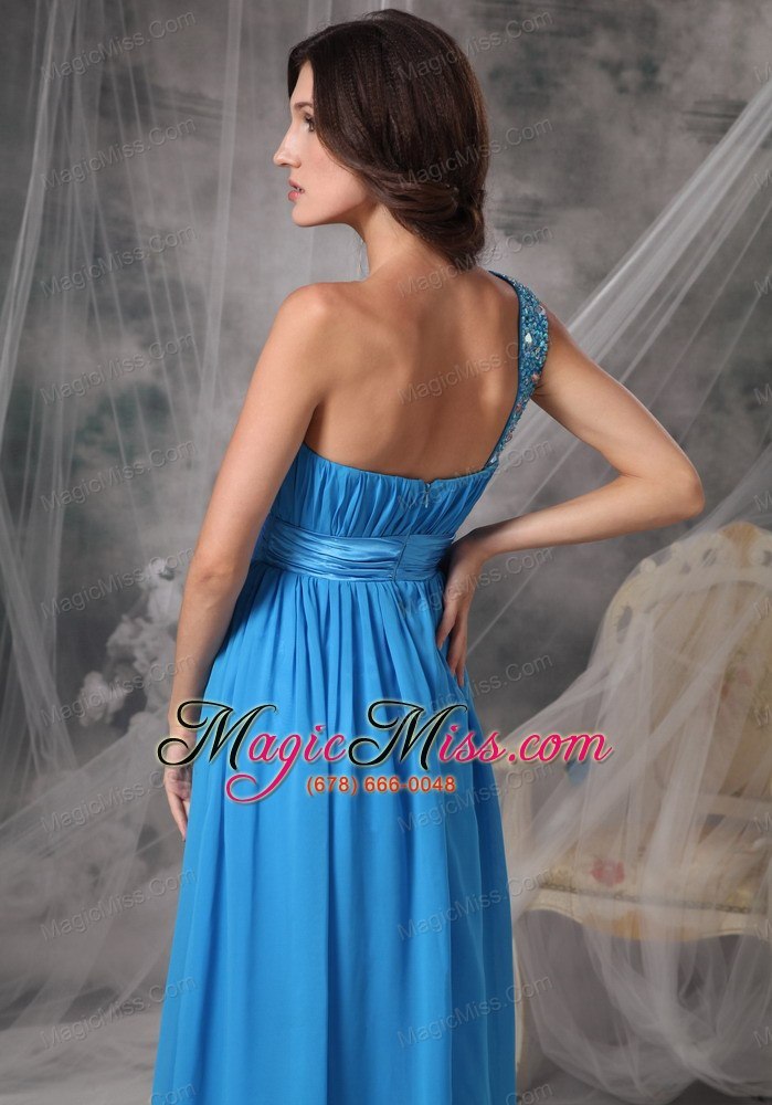 wholesale sky blue column / sheath one shoulder floor-length chiffon beading prom dress