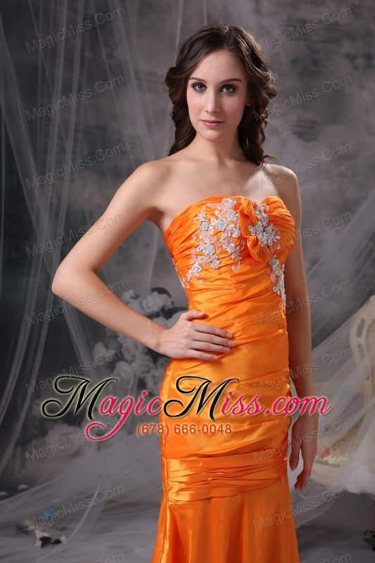 wholesale customize orange column sweetheart evening dress taffeta appliques and ruch floor-length