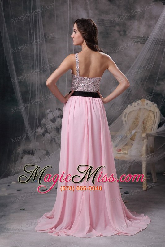 wholesale baby pink empire one shoulder brush train chiffon beading prom dress