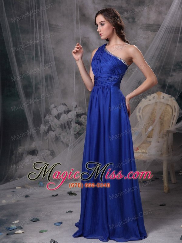 wholesale blue empire one shoulder brush train chiffon beading prom dress