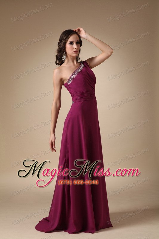 wholesale burgundy column one shoulder brush train chiffon beading prom / evening dress