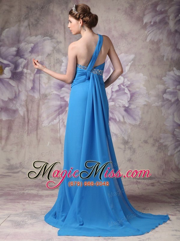 wholesale blue empire / princess one shoulder brush train chiffon beading prom dress