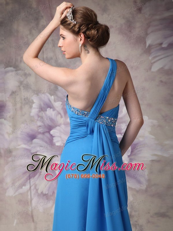 wholesale blue empire / princess one shoulder brush train chiffon beading prom dress