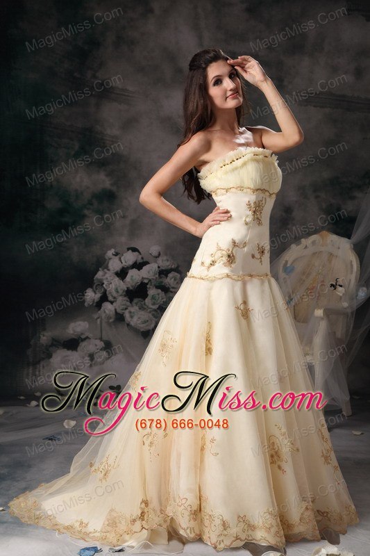 wholesale champagne a-line / princess strapless brush train organza embroidery prom dress