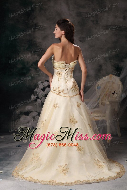 wholesale champagne a-line / princess strapless brush train organza embroidery prom dress