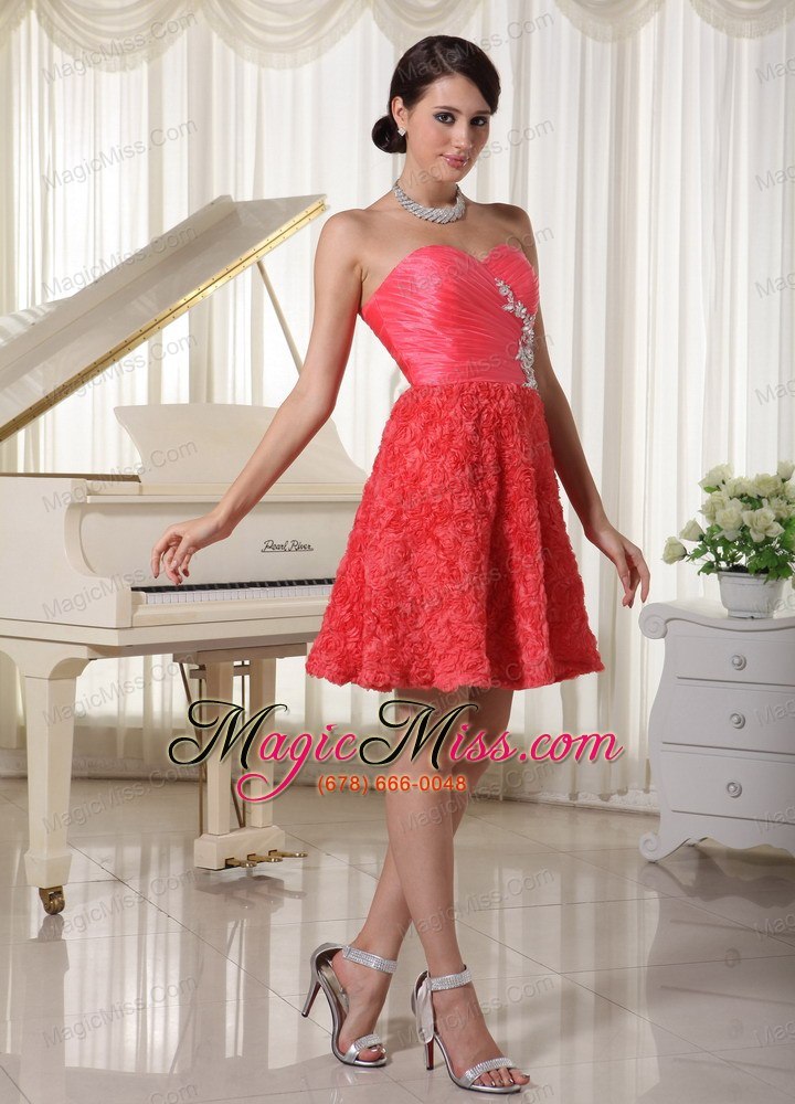 wholesale watermelon red prom / cocktail dress sweetheart appliques with beading fabric with rolling flower mini-length