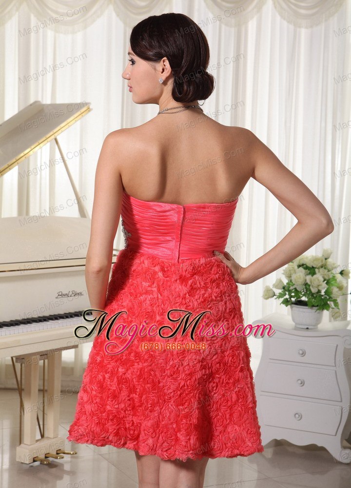 wholesale watermelon red prom / cocktail dress sweetheart appliques with beading fabric with rolling flower mini-length