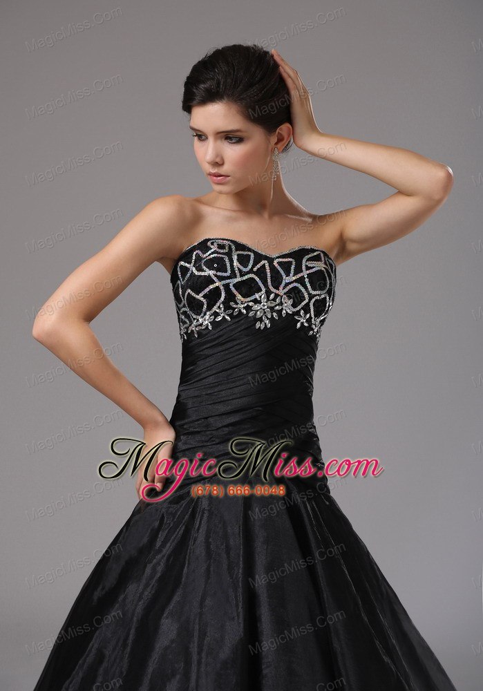 wholesale bloomington city sweetheart black organza prom dress with brush train beaded decorate