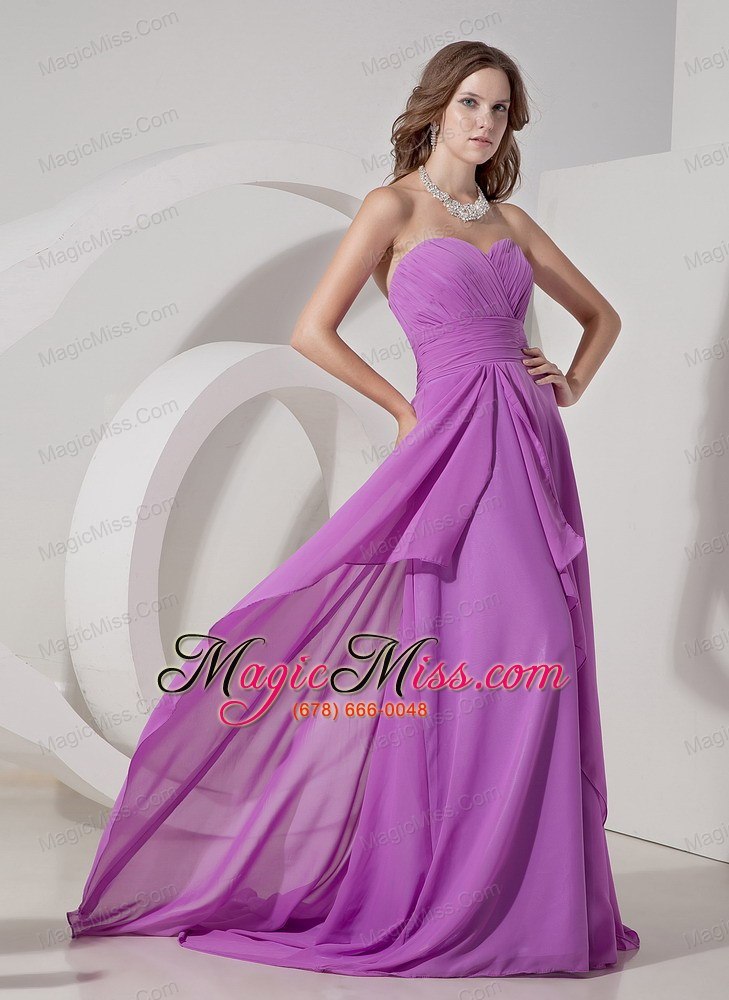 wholesale lavender empire sweetheart brush train chiffon ruch prom dress