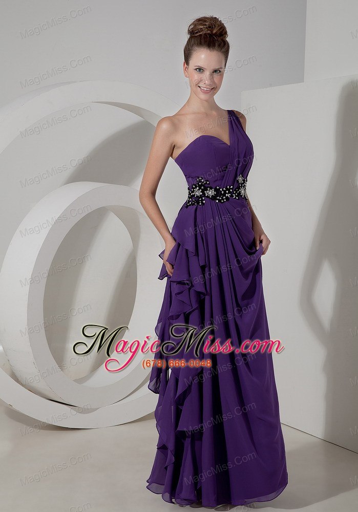 wholesale purple column one shoulder floor-length chiffon beading prom dress