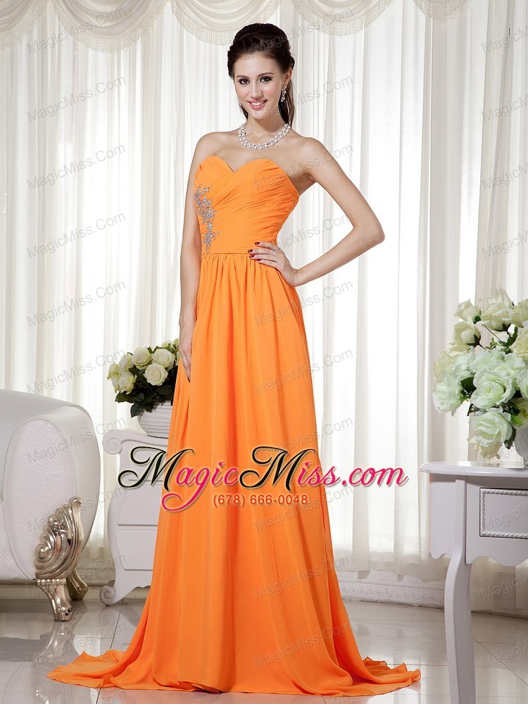 wholesale orange empire sweetheart brush train chiffon beading and ruch prom / celebrity dress