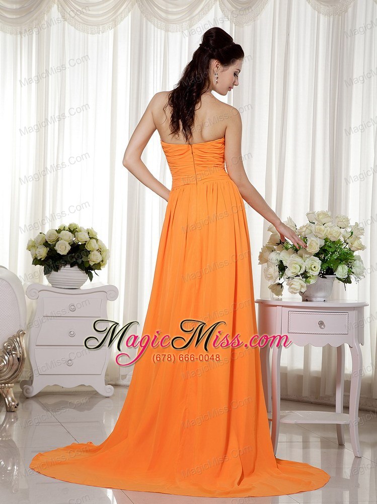 wholesale orange empire sweetheart brush train chiffon beading and ruch prom / celebrity dress
