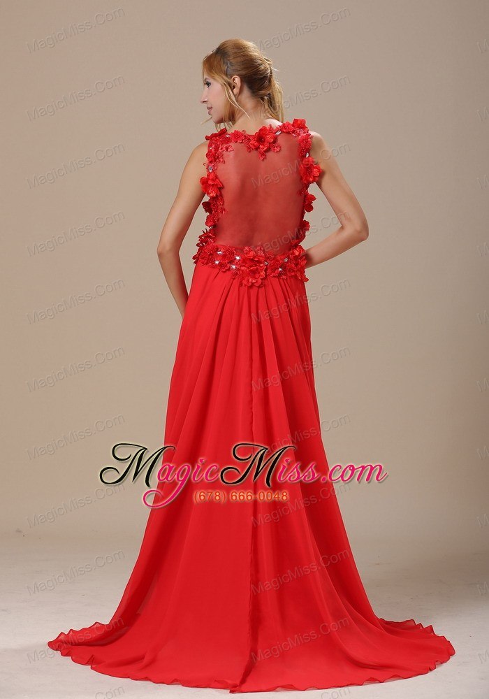 wholesale bloomfield hills hand made flowers with beading decorate wasit ruch v-neck red chiffon brush train for 2013 prom / evening dress