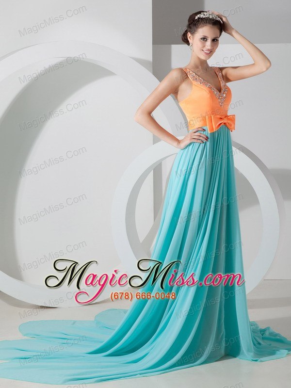 wholesale aqua blue and orange empire v-neck brush train chiffon beading prom dress