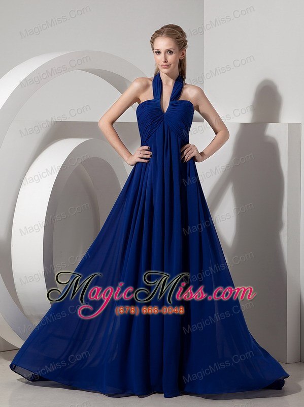 wholesale navy blue empire halter watteau train chiffon prom dress