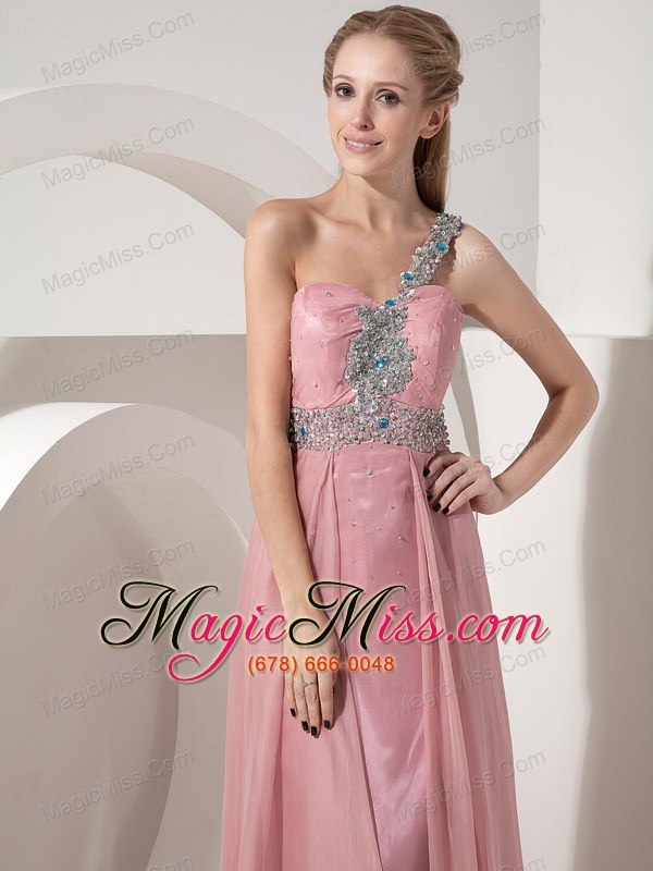 wholesale pink column one shoulder floor-length chiffon beading prom dress