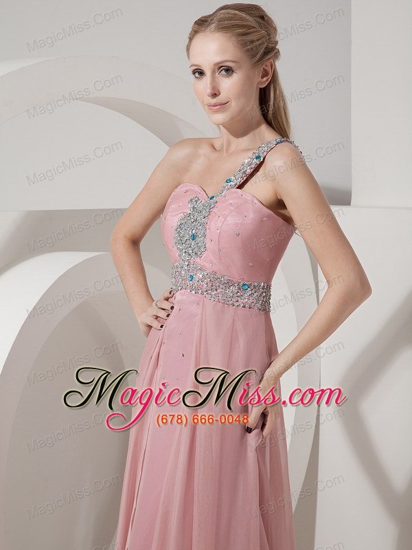 wholesale pink column one shoulder floor-length chiffon beading prom dress