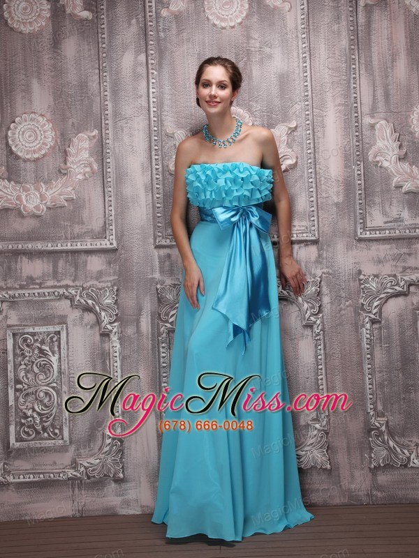 wholesale aqua blue empire strapless brush train chiffon bowknot prom / evening dress