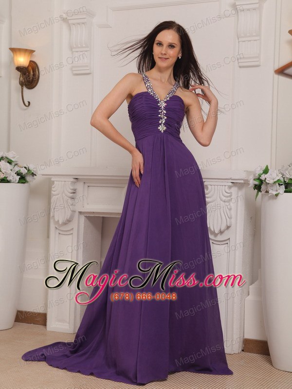 wholesale purple empire v-neck brush train chiffon beading and ruch prom / pageant dress