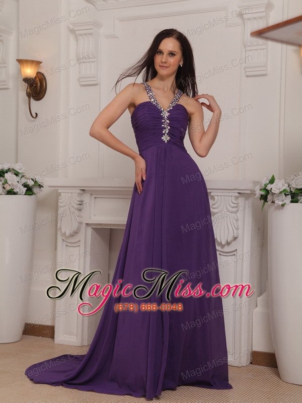 wholesale purple empire v-neck brush train chiffon beading and ruch prom / pageant dress