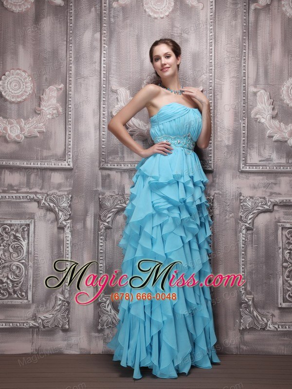 wholesale aqua blue empire strapless floor-length chiffon beading and ruffles prom dress