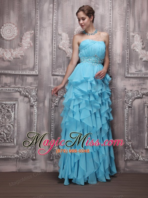 wholesale aqua blue empire strapless floor-length chiffon beading and ruffles prom dress