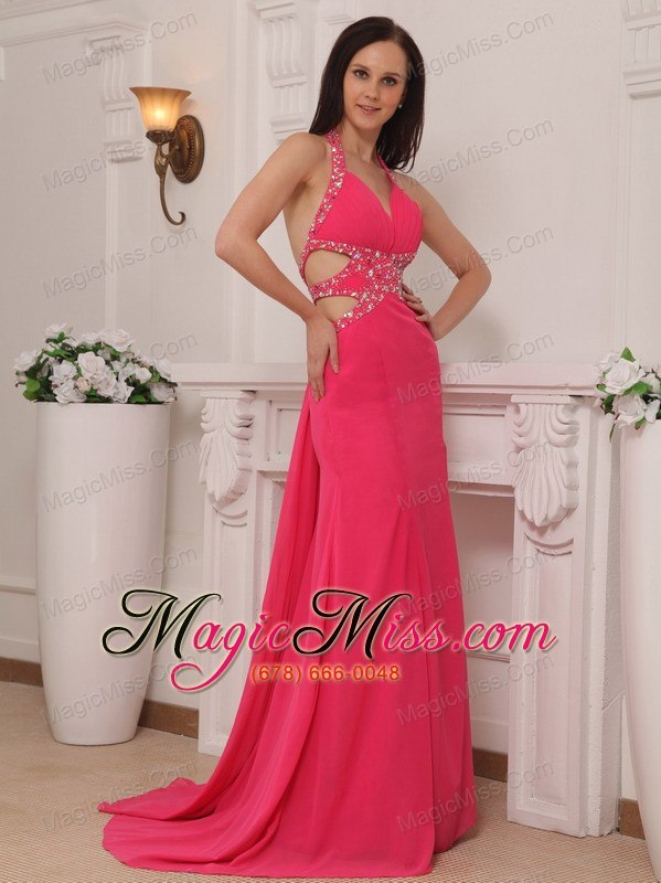wholesale coral red column halter brush train chiffon beading prom / pageant dress