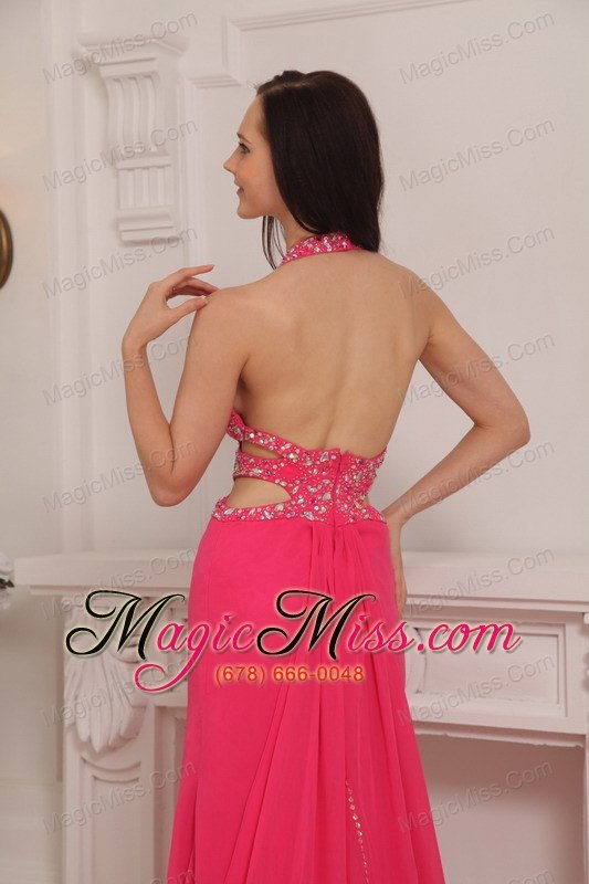 wholesale coral red column halter brush train chiffon beading prom / pageant dress