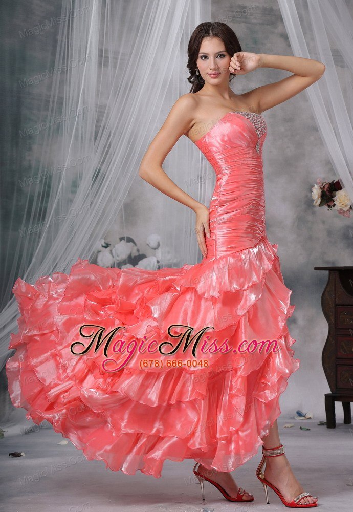 wholesale ottumwa iowa beaded decorate bust ruched decorate up bodice ruffles watermelon red high slit brush train for 2013 prom / evening dress