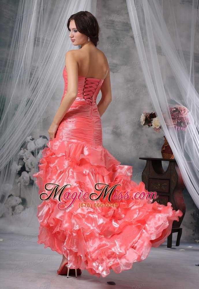 wholesale ottumwa iowa beaded decorate bust ruched decorate up bodice ruffles watermelon red high slit brush train for 2013 prom / evening dress
