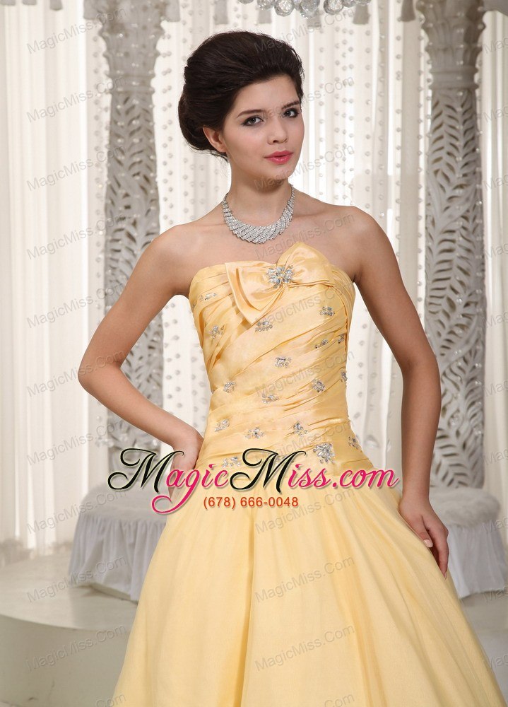 wholesale yellow a-line strapless floor-length tulle and taffeta beading and bow prom / evening dress