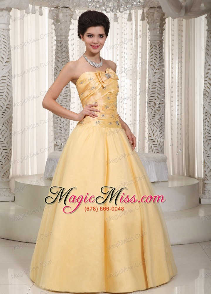 wholesale yellow a-line strapless floor-length tulle and taffeta beading and bow prom / evening dress